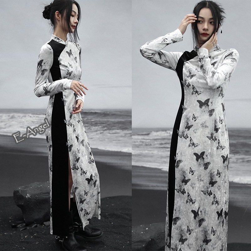 チャイナドレス ロング 秋冬 きれいめ 蝶柄 黒白 長袖 ベロア ワンピース ベルベットワンピース スタンドカラー