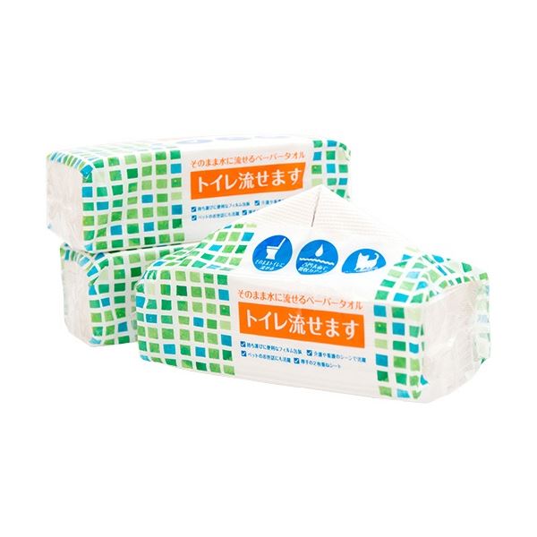 （まとめ）そのまま水に流せるペーパータオル トイレ流せます 200枚（100組） （3個）[x30]