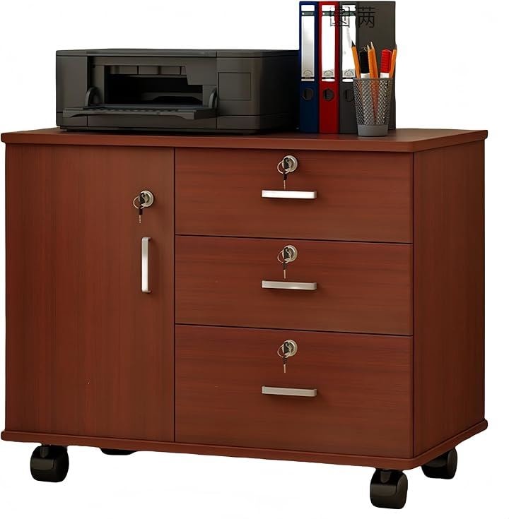 デスクワゴン サイドワゴン キャビネット 袖机 オフィスワゴン デスクサイド 完成品 鍵付き キャスター付き 扉付き チェスト デスク下 収納(ブラウン, 70x40x57cm)