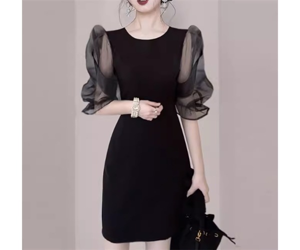 レディース ワンピース プルオーバー ドレス タイト ミニ ショート 半袖 ボリューム袖 ラウンドネック スリム 細身 ファスナー ハイウエスト 薄手 大人可愛い きれいめ シンプル 上品 おしゃれ
