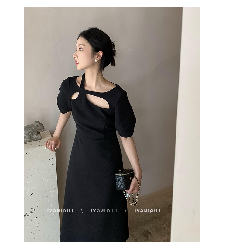 【M-4XL】カットアウトワンピース カジュアルワンピース フレンチドレス A ラインワンピース パフスリーブ 大人上品 ワンピース ドレス 半袖ワンピ レディース モード系 可愛い オシャレ 上品