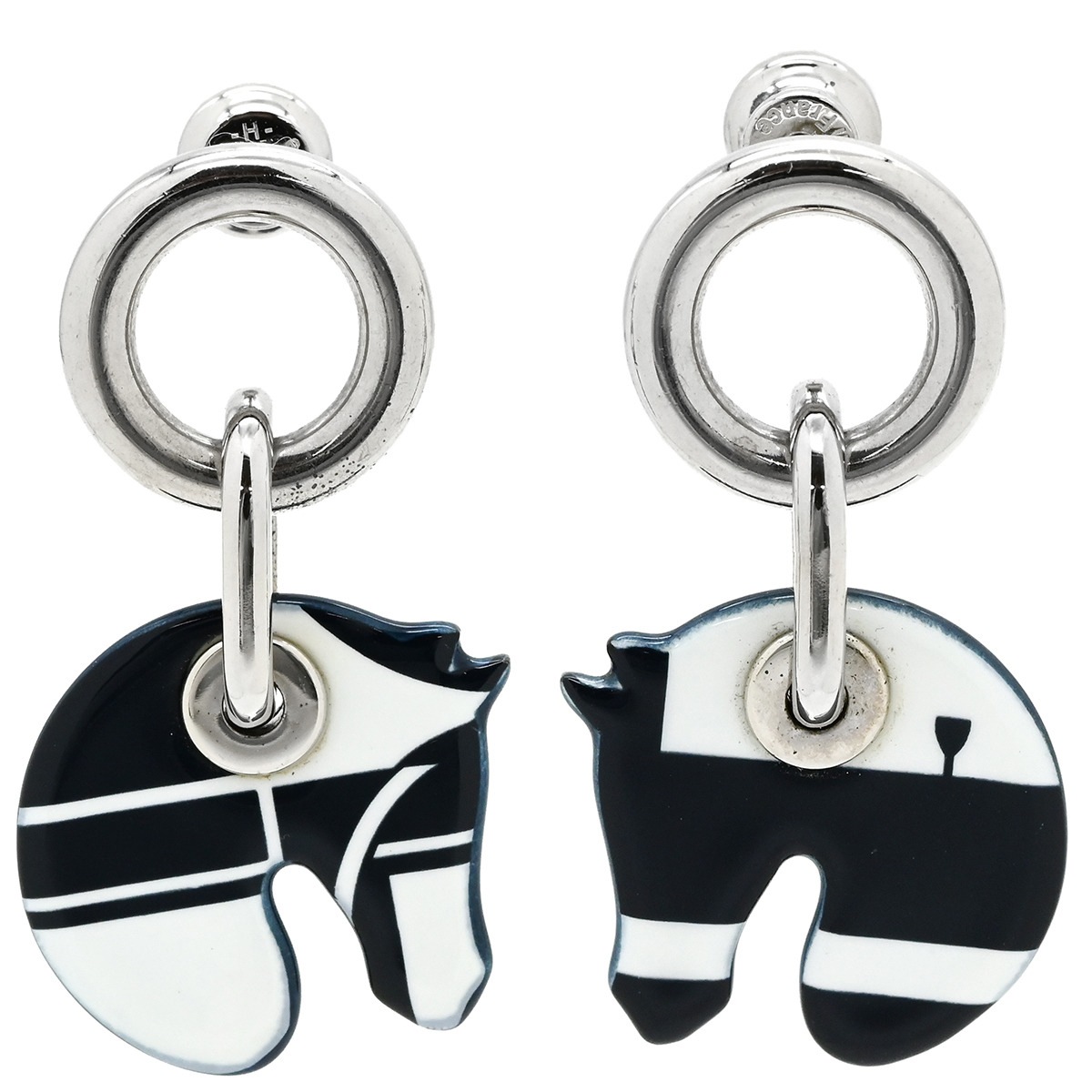 エルメス ピアス タッタソール エナメル メタル ネイビーXホワイト 馬柄 【箱】【中古】