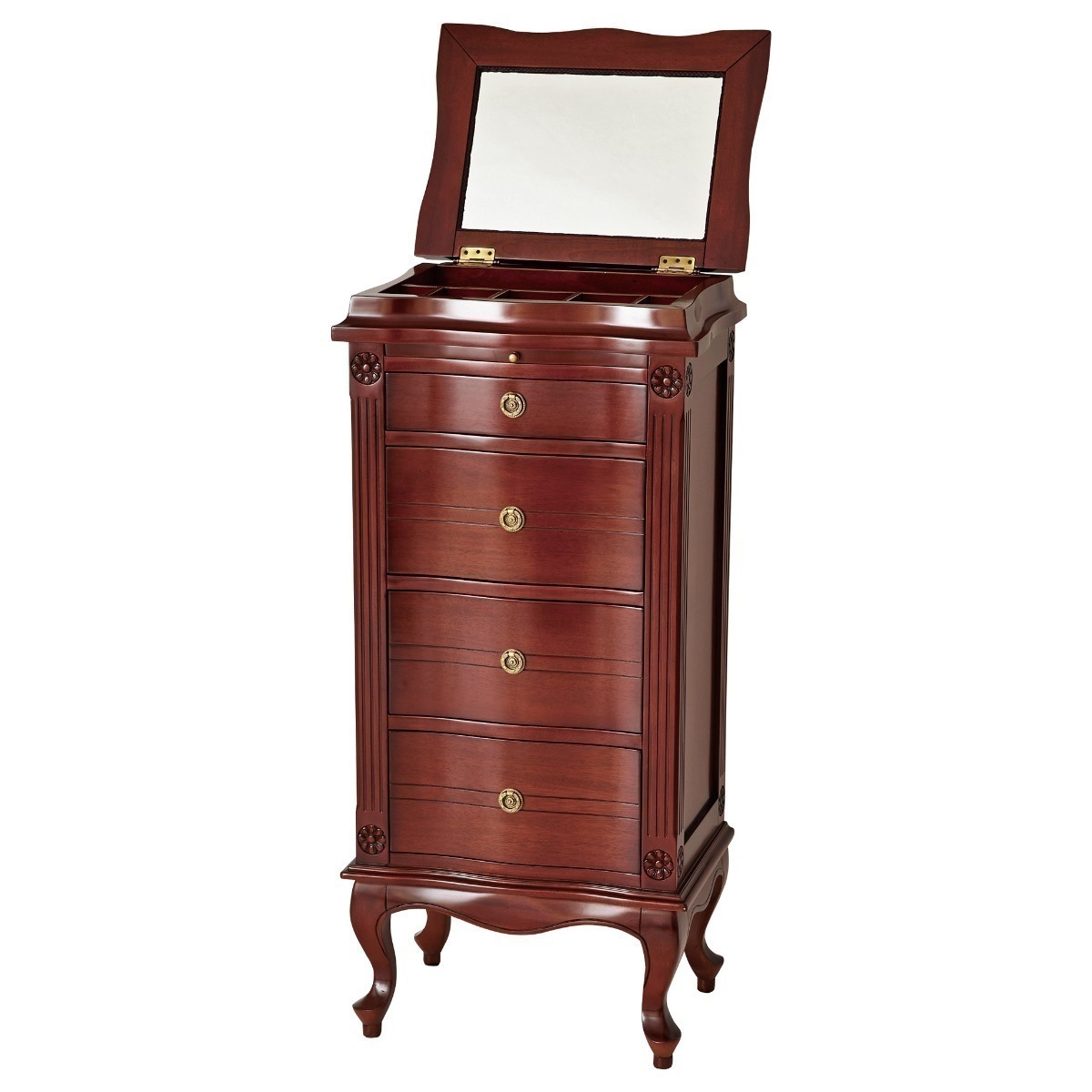 チェスト 4段 アンティーク調 ミラー スライド棚付 幅50cm リビング収納 たんす タンス リビングボード 天然木 完成品 収納 木製 サイドキャビネット 引出し 鏡 ドレッサー 棚