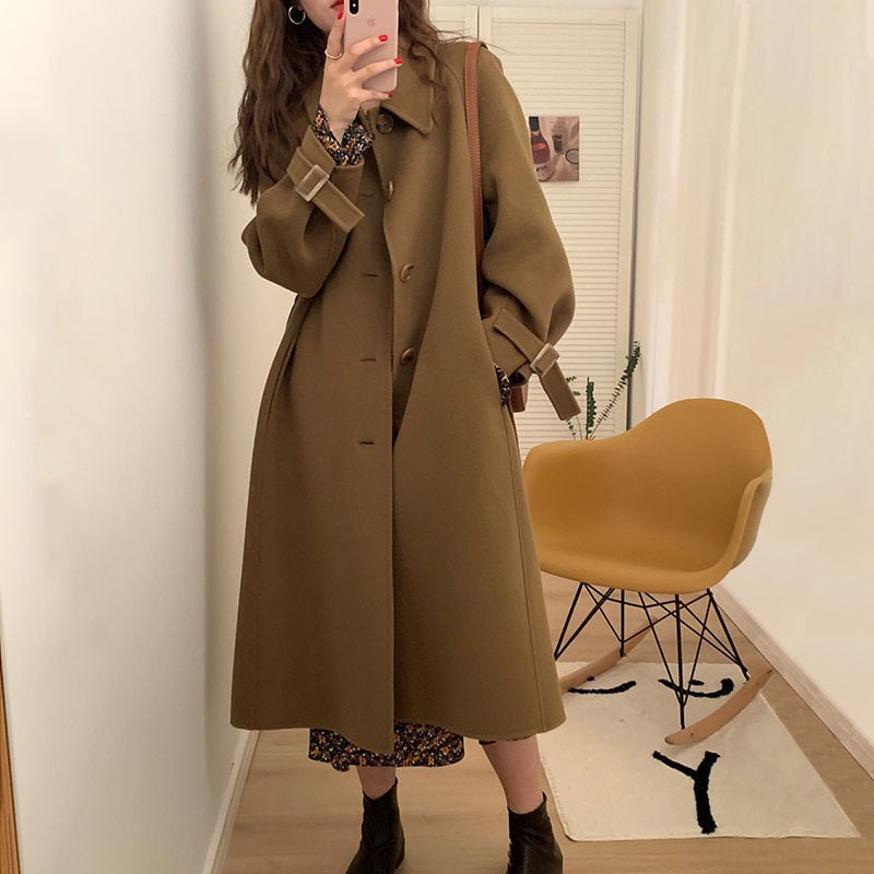 レディース ステンカラーコート 美シルエット ミモレ丈 ウールタッチ ベルト付き スクエアバックル ルーズシルエット 韓国 インスタ映え 高見え 可愛い かわいい カジュアル 大人 上品 lout05