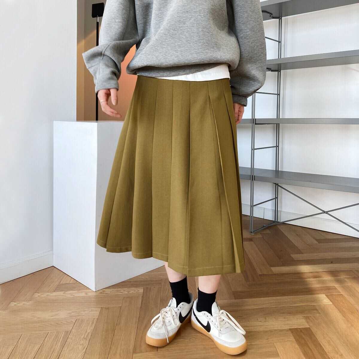 プリーツ スカート ロング スカート マキシ スカート ボトムス ハイ ウエスト Ａライン ミモレ 丈 マキシ丈 ゆったり オフィス スタイル エレガント スタイル カジュアル スタイル ラウンジ l