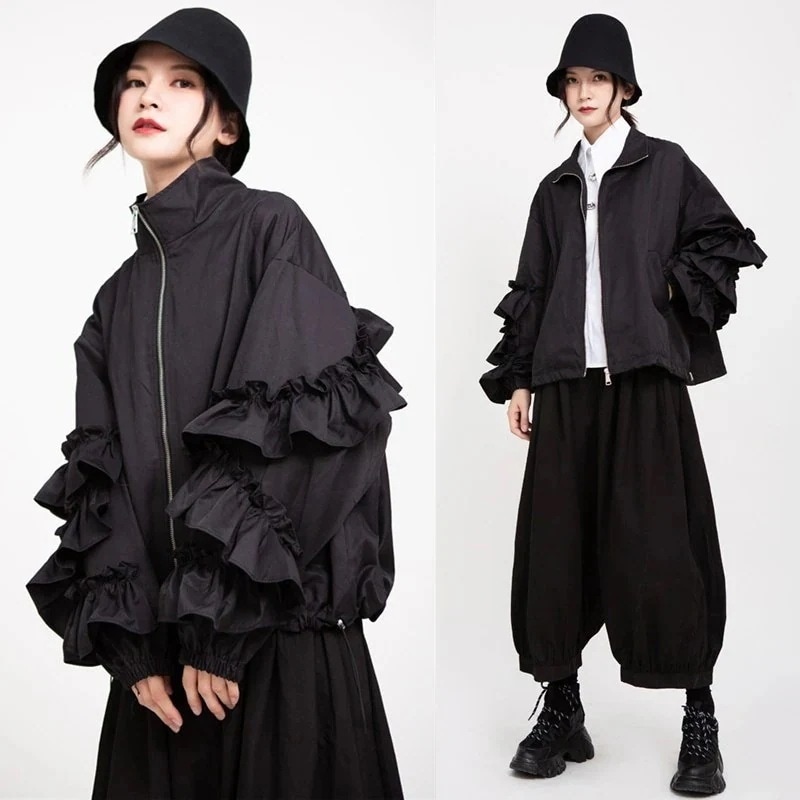 【J.Fashion】秋秋 フリル ファスナー ジャケット ブラウン おしゃれ レディース トップス アウター カシミヤタッチ パフスリーブ オフィス 長袖 日焼け止め 韓国 ブラウス メガ割