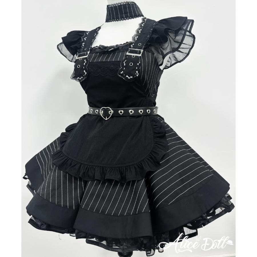 メイド服 セット レディース ゴスロリ 大人かわいい モノトーン ストライプ ミニ丈 コスプレ 制服風 ワンピース エプロン ゴシック