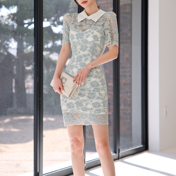 繊細レース デザイン ミニドレス セクシー シアー タイト ワンピース 透け感 ワンピ 膝上 ミニ丈 袖あり 半袖 襟付き エレガント 上品 シアー レトロ かわいい 大人可愛い おしゃれ フェミニン