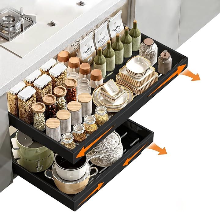 キッチン収納引き出し 奥行42cm 高さ7cm 伸縮式 穴開け不要 スライドレール付き 台所用(ブラック, 幅43-68cm)