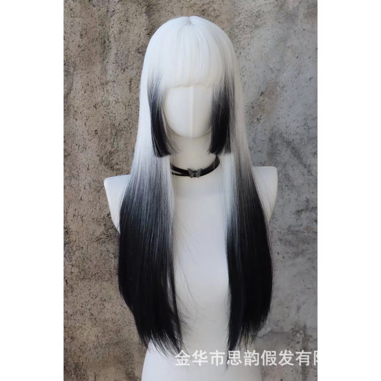 ハロウィン Cs ウィッグ白黒グラデーションロングストレートダークゴシック Jk 模擬頭皮ウィッグフルヘッドカバー