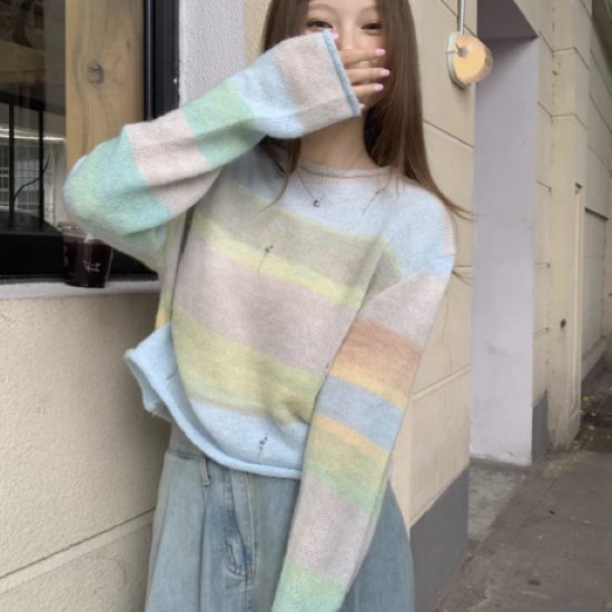 ニットセーター レディース トップス 長袖 ニット セーター ボーダー パステルカラー マルチカラー 可愛い キュート カジュアル お出かけ おしゃれ プルオーバー ラウンドネック カラフル 女性