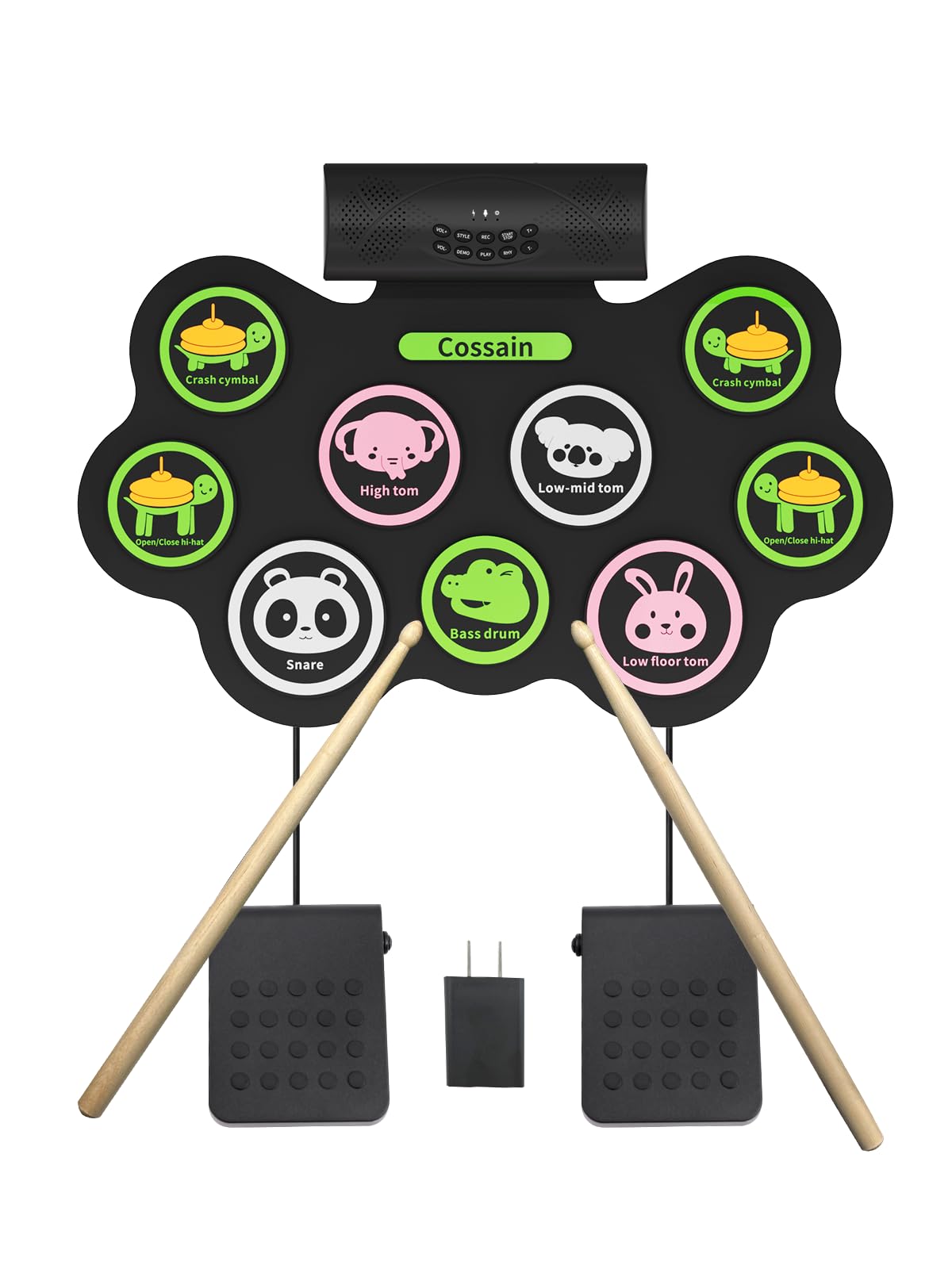 電子ドラム セット 子供向け 操作簡単 初心者向け 小型 可愛い動物図案 ペダル付き ハイハット ライドシンバル クラッシュシンバル スネア ベース スピーカー ロールドラム 練習パッド 自宅練習/外