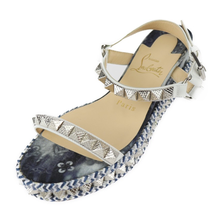新古未使用展示品 Christian Louboutin クリスチャンルブタン サンダル 表記サイズ 35 キャンバス レザー ブルー系 ホワイト ウェッジソール スタッズ 本物保証 中古