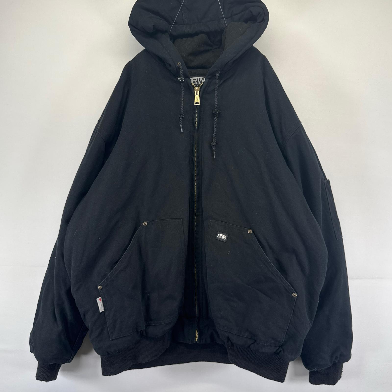 古着 ダック ジャケット フルジップ ワンポイントロゴ 中綿 ワークジャケット 2XL ブラック系 メンズ