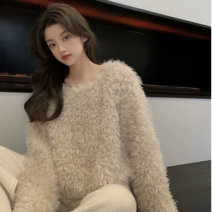 セーター ニット トップス クルーネック モヘア 起毛 ワイド ビッグシルエット ドロップショルダー 長袖 切り替え