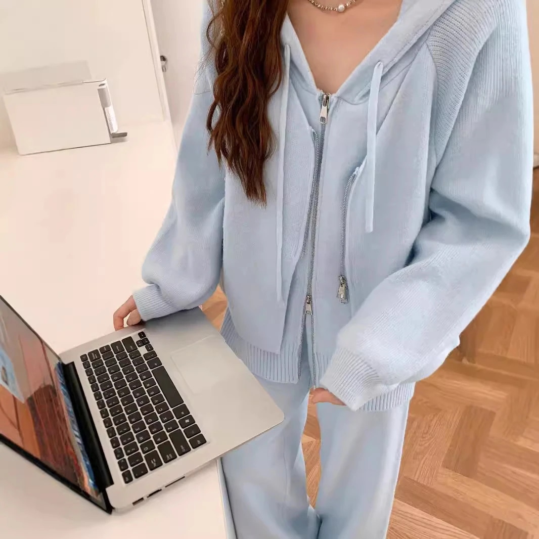 パンツロングパンツファッションカジュアル越境セーターセット女性秋冬ガードル洋気ニットコートワイドパンツ2点セット