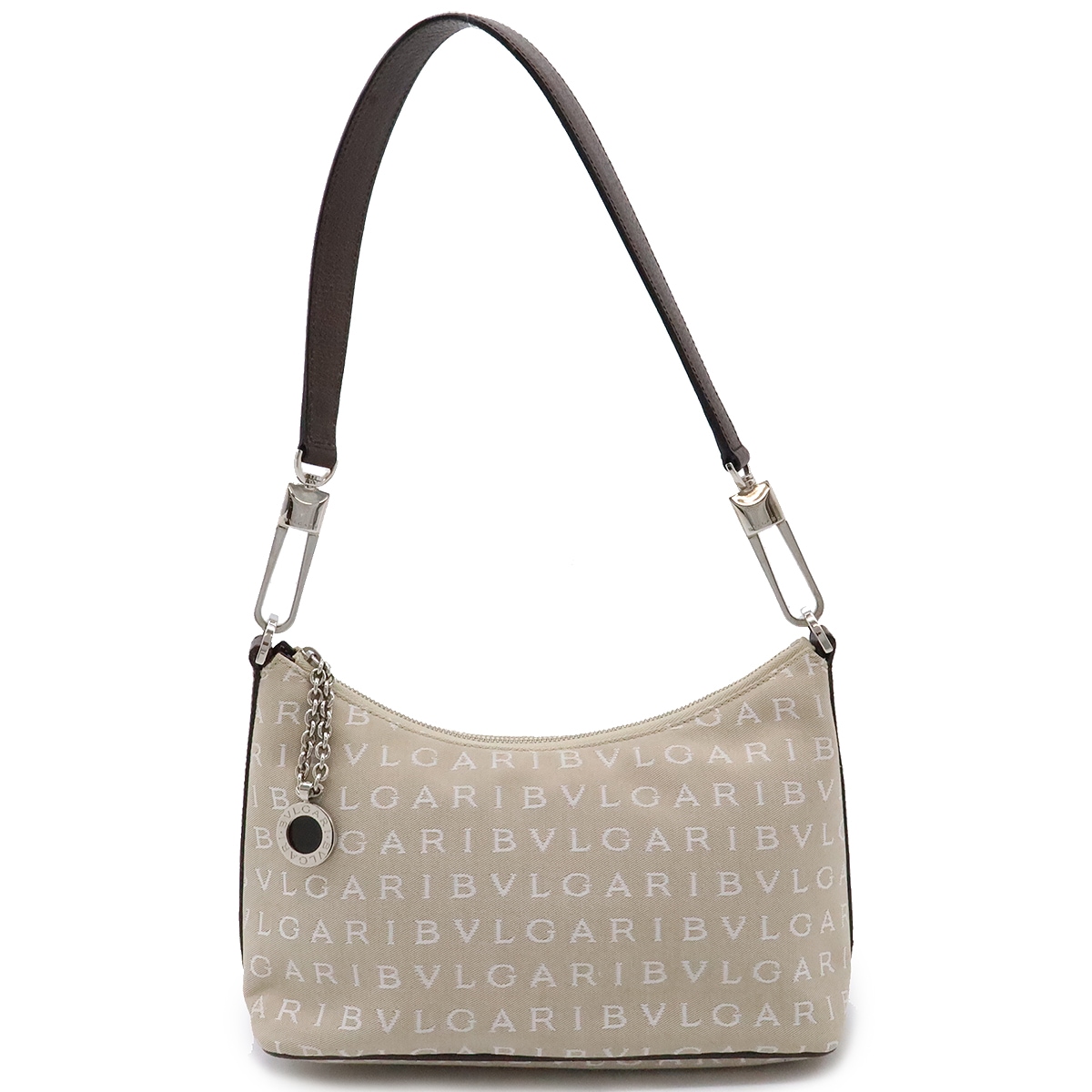 ロゴマニア ショルダーバッグ ワンショルダー セミショルダー キャンバス レザー ベージュ ダークブラウン シルバー金