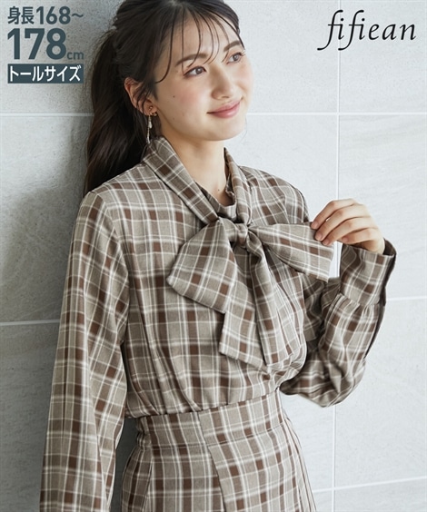 シャツ・ブラウス 高身長　チェック柄ボウタイブラウス セットアップ対応 トールサイズ fifiean