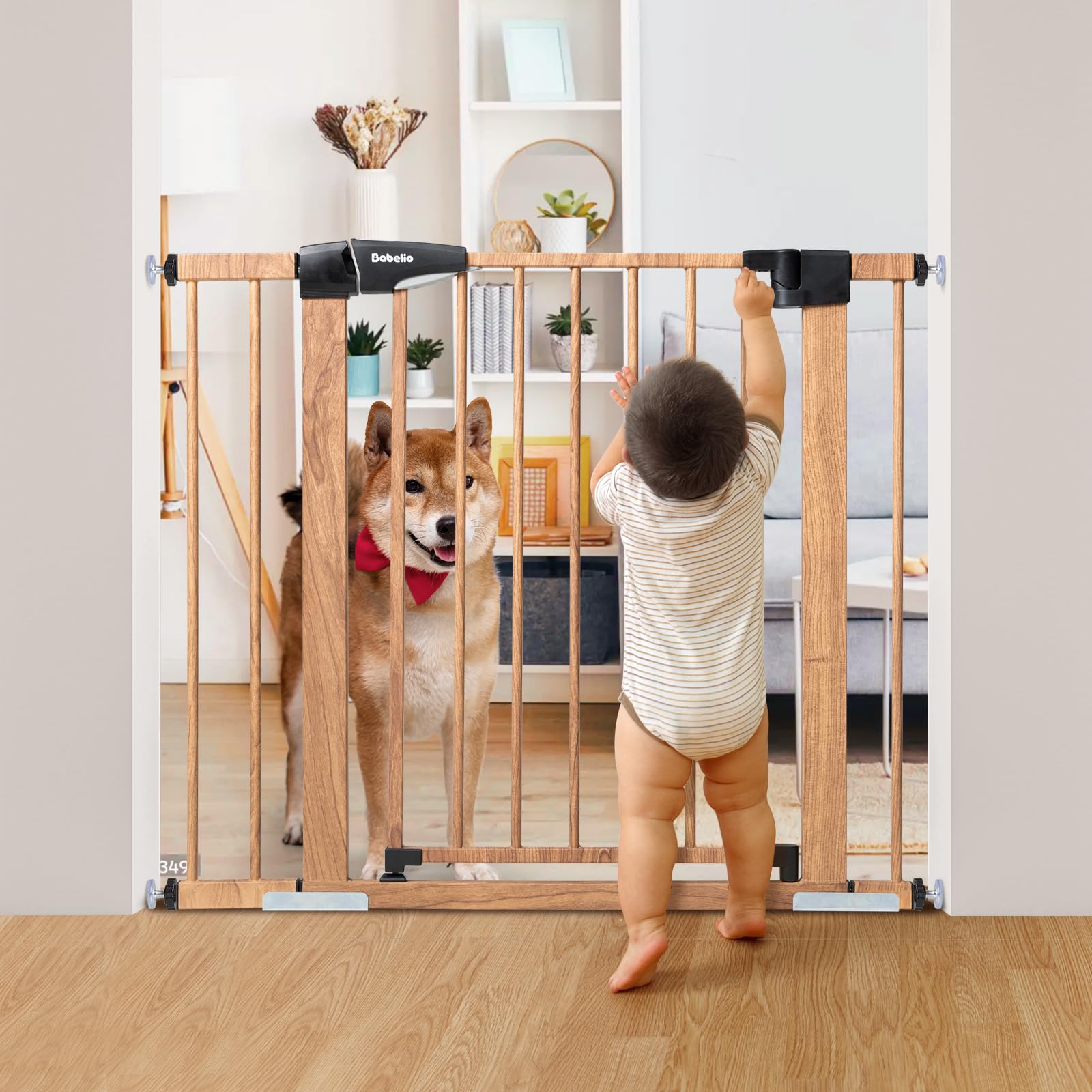 BABELIO 木の模様の金属製ベビーゲート簡単に取り付けられる階段および出入り口用の圧力取り付け式ドッグゲート超狭小サイズ 拡張可能 取付幅 66-94cm 高さ76cm