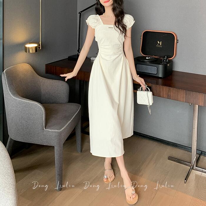 ワンピース ワンピ ドレス 袖あり パフスリーブ レディース エレガント きれいめ カジュアル 半袖 大人 可愛い フェミニン ナチュラル Aライン ミモレ丈 スクエアネック シンプル ハイウエスト