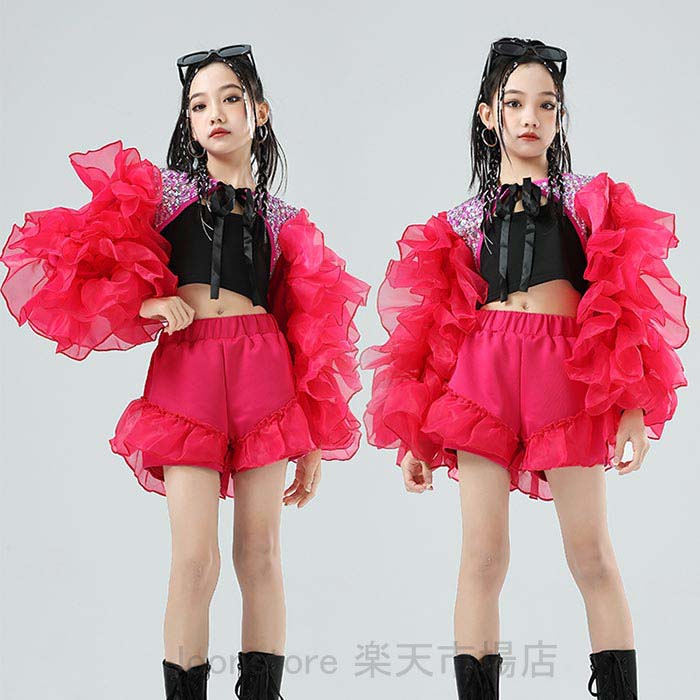 【2025限定SALE】キッズ ダンス衣装 女の子 セットアップ 子供服 ヒップホップ JAZZ ジャズ ダンス衣装 キャミソール 長袖フリル ショートパンツ 3点セット 女の子 ジャズ ダンス 衣装