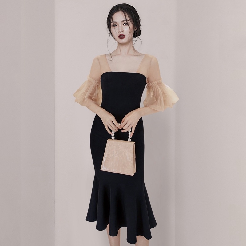 マーメイド フリル レース切替 ミディ ワンピース ドレス b416