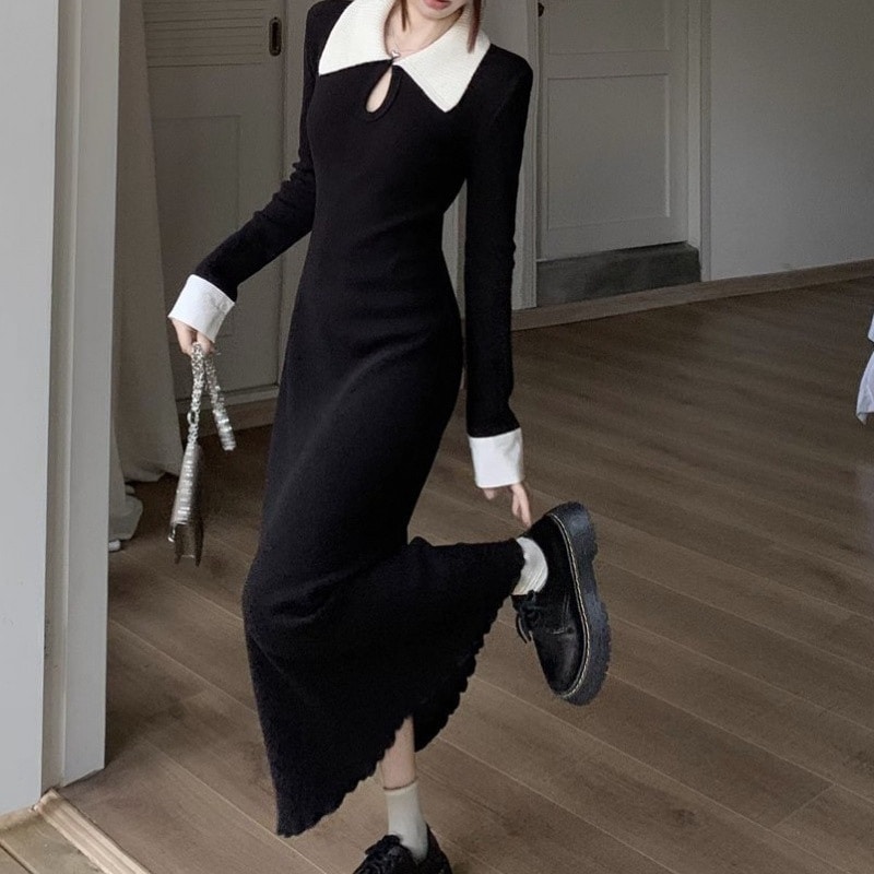 【1つ買うと10つ無料】対照的な担体ニットドレスは冬に片手セータースカートを着ることができます