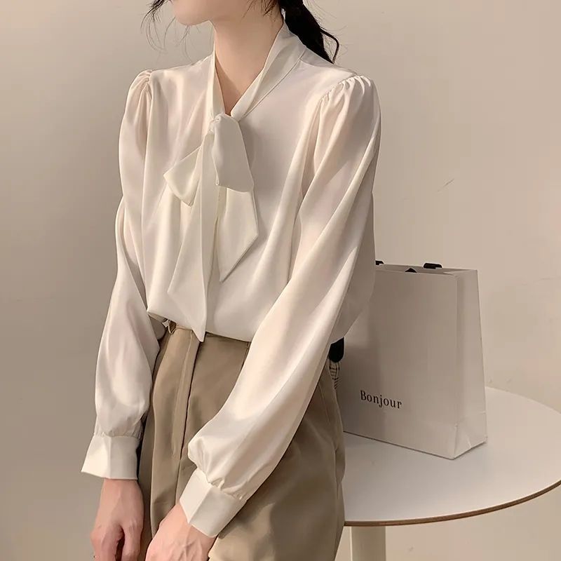 【1つ買うと10つ無料】女性用の白い長袖シャツシフォンシャツの春と秋の弓のキャリアインタビューフォーマルシャツ