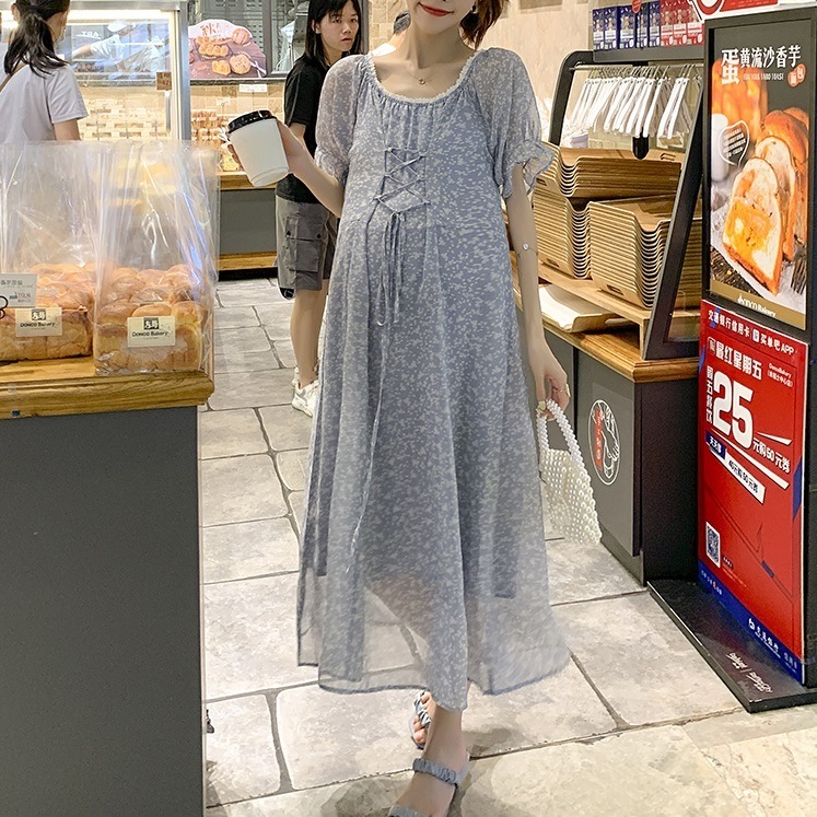 【日本未発売/送料無料】マタニティ ワンピース シフォン パフスリーブ レースアップ シアー