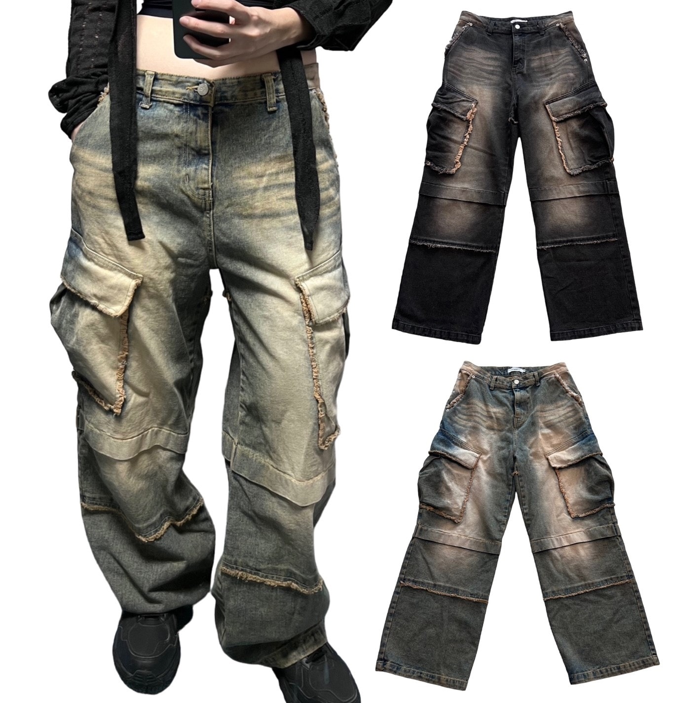 [UNISEX] ビンテージ ウォッシング プランケット カーゴ デニム パンツ(2color)