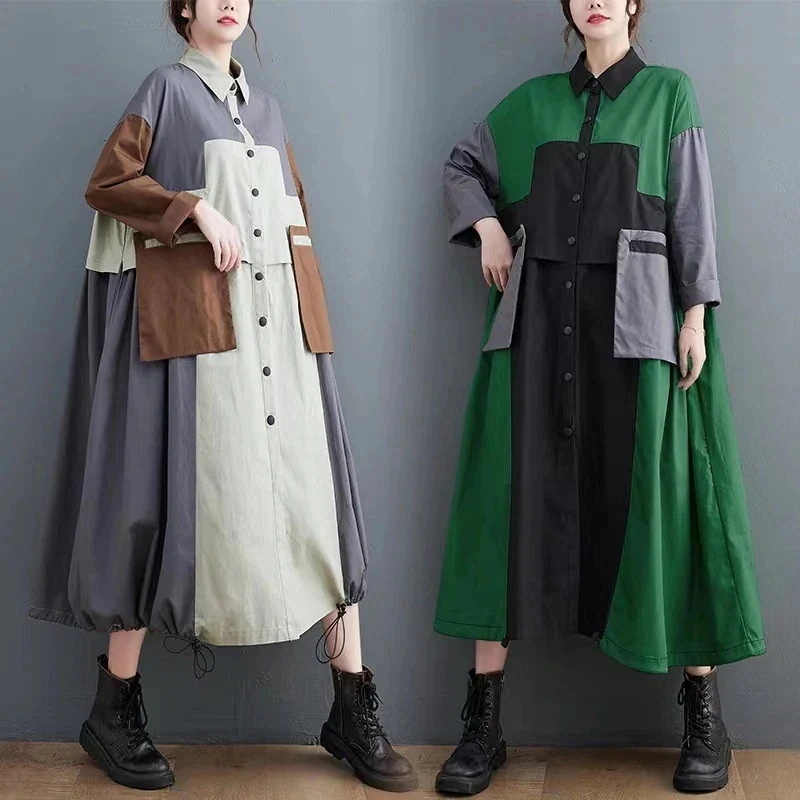「ファットガール」 2023秋冬 欧美風 トレンチコート ワンピース風 ロング丈 ドッキング レディース アウター メガ割