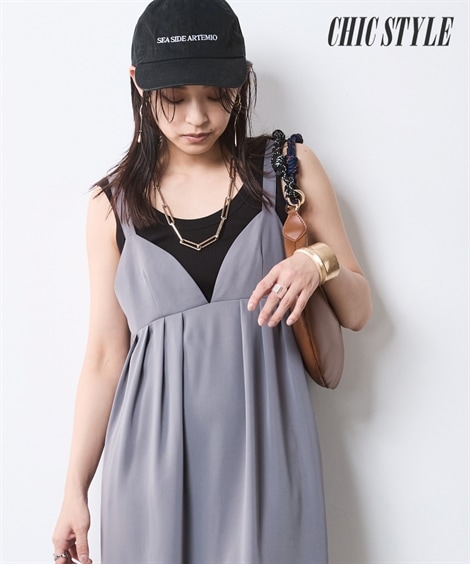 ロング・マキシ丈/半袖 タックキャミソールワンピース 大きいサイズ有 シックスタイル