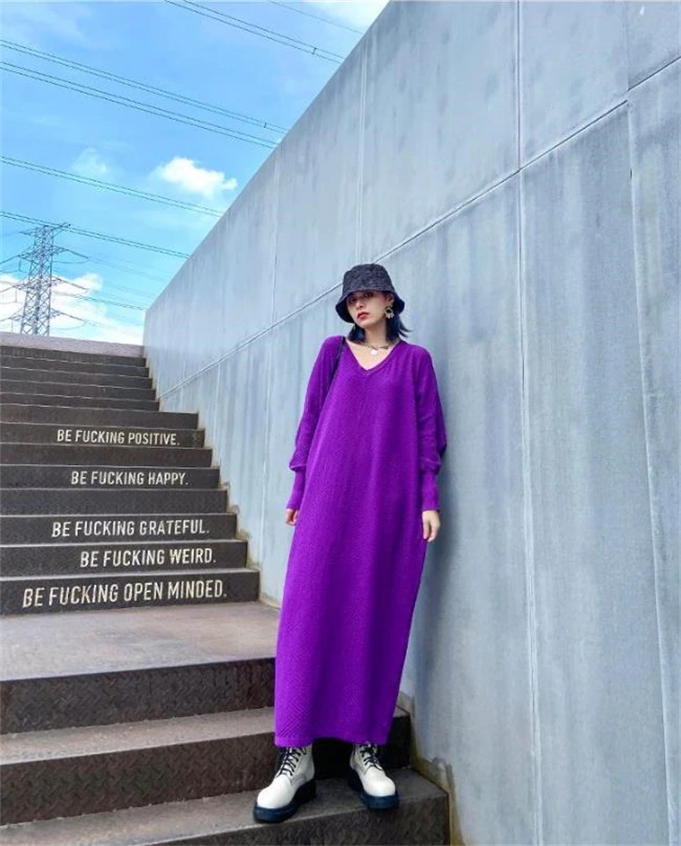 激安セール あったか 怠惰な風 ロングスカート スリム vネック ロング 長袖 ロングワンピース ニットワンピース 気質 あったかグッズ