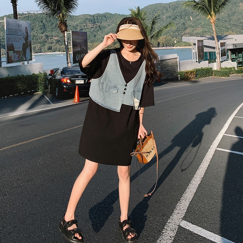 実際のドレス2024夏新作デニムスプライシングフェイク2ピースバックプリントドレス