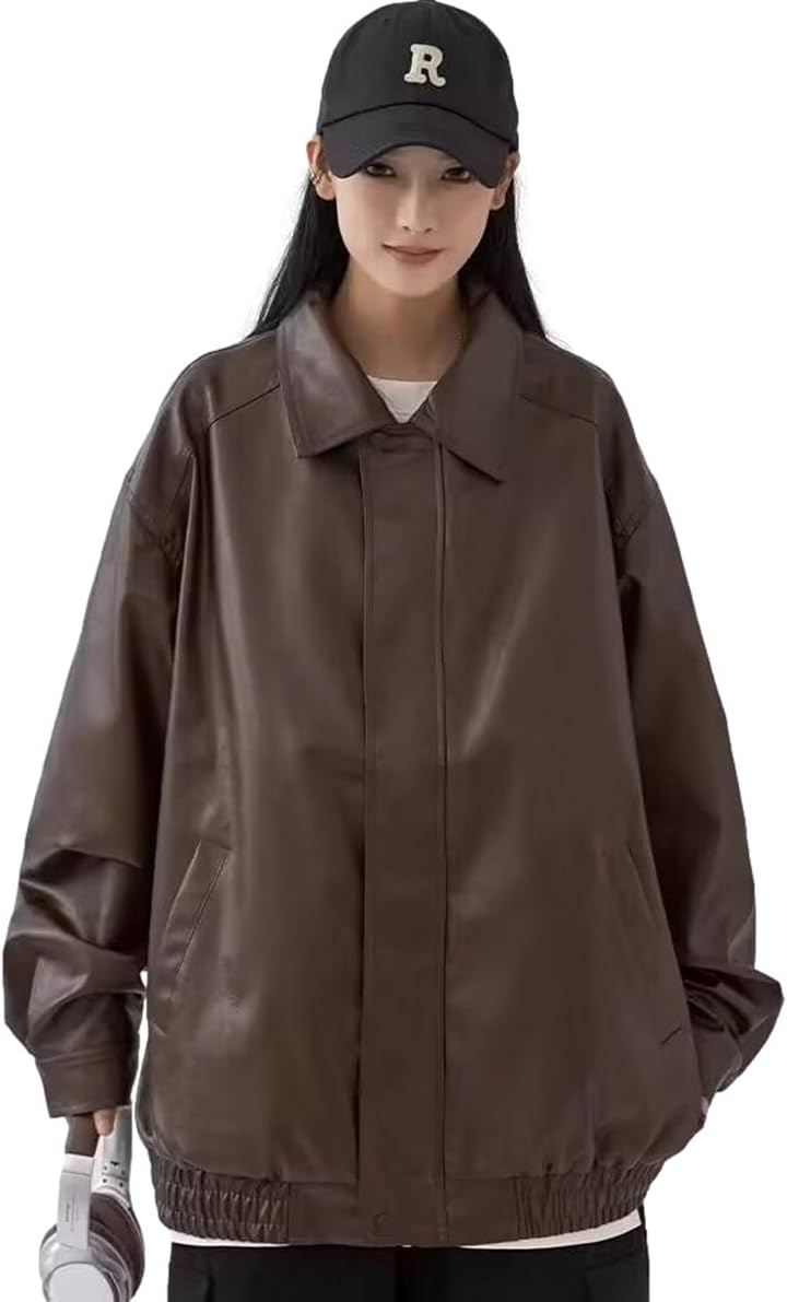 ブルーベリル フェイクレザージャケット ブルゾン レディース PUレザー ゆったり ジップアップ 防寒 裏地付 BB052-BR-M (ブラウン, M)
