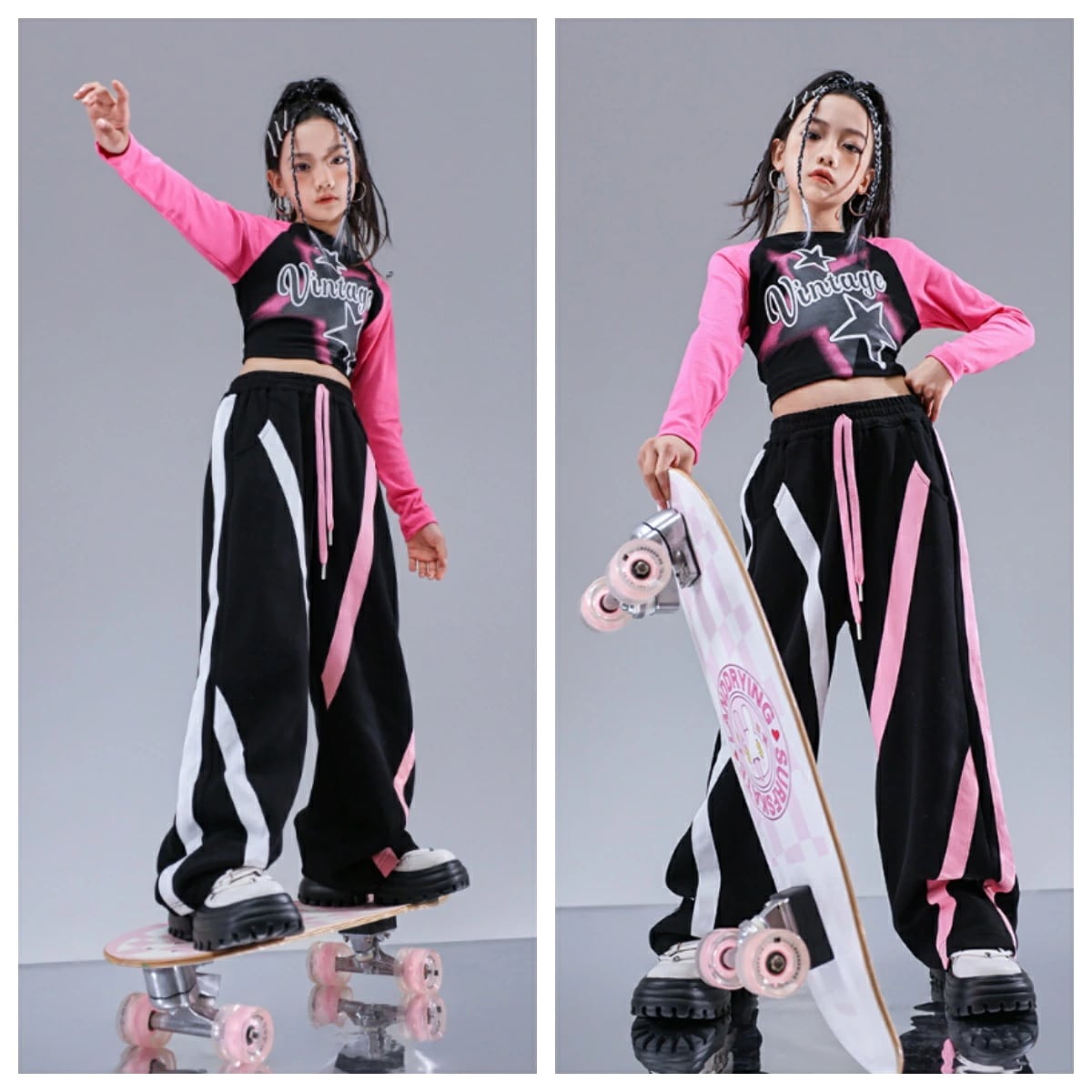 イベント レッスンダンスウェア 長袖Tシャツ 派手 おしゃれ団体服 原宿系 応援団 キッズジャズ 練習着 K-POP チーム衣装 個性的 サルエルパンツ hiphop 子供服 jazz 上下セット 発