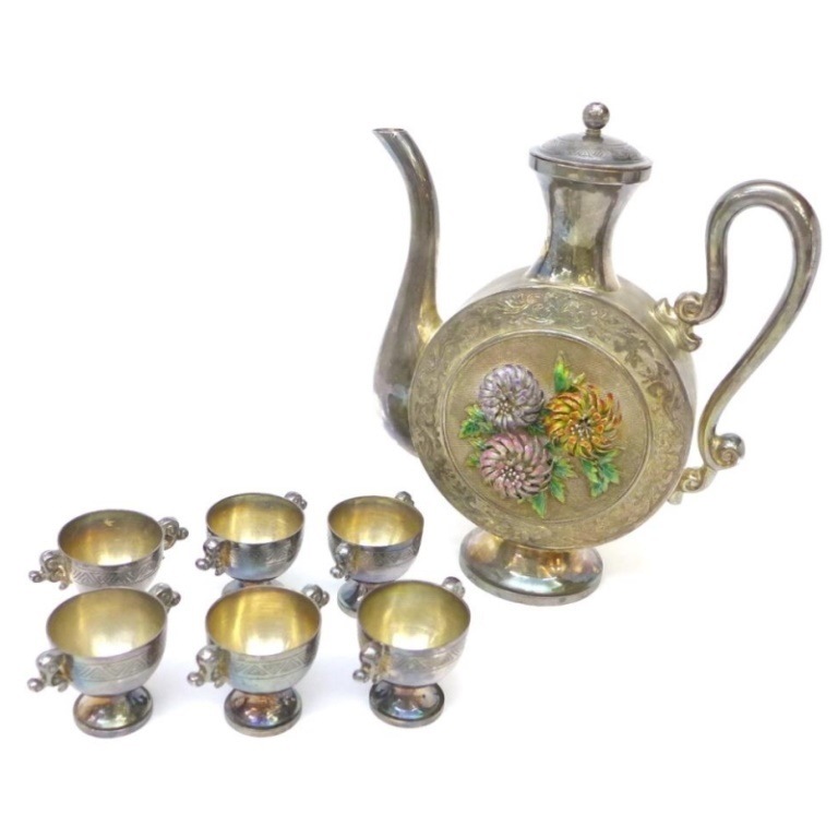 銀製 お花付きﾎﾟｯﾄ 水差し 猪口6客 ｾｯﾄ /ｼﾙﾊﾞｰ/SV925くらい 【中古】(47210)