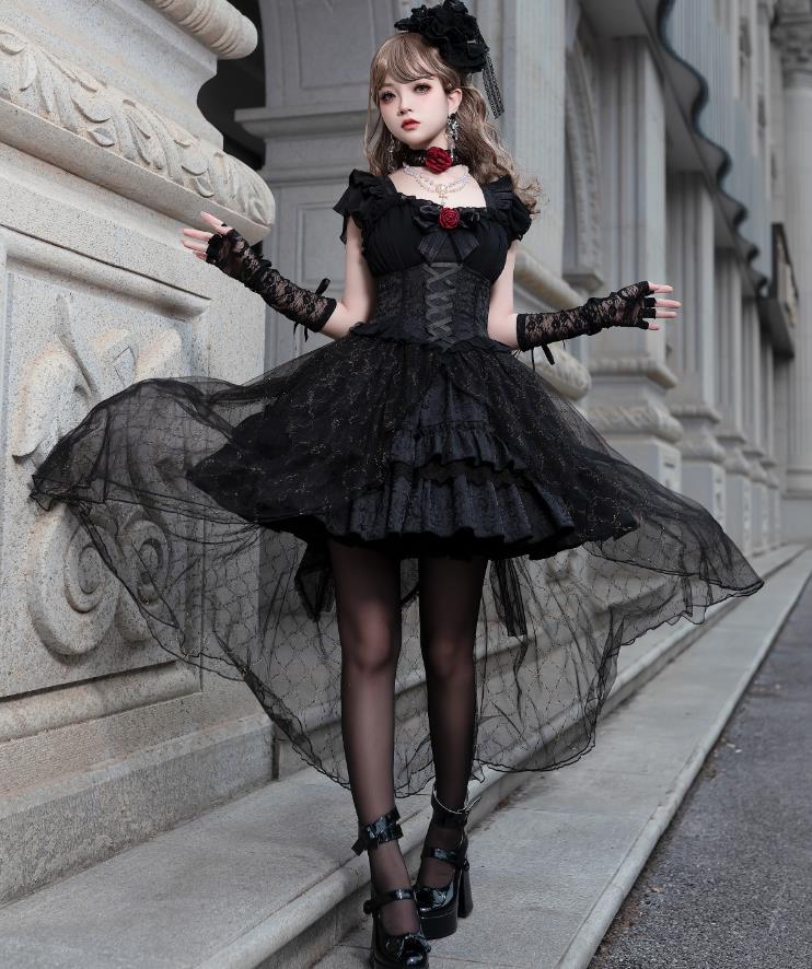 【2枚購入で100円OFF】黒い薔薇 コスプレ メイド服　コスチューム　衣装　文化祭 学園祭 　萌え 変装 レディース　ゴスロリ　 ハロウイン　可愛い　姫様　ワンピ　ゴスロリ　 ロリータ　ブラッ