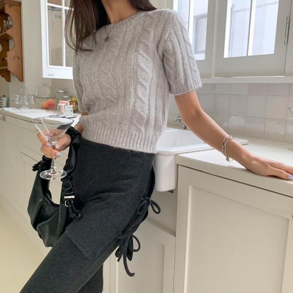 レディース ケーブル 基本フィット ソフト ウール 半袖 ラウンド クロップ ニット
