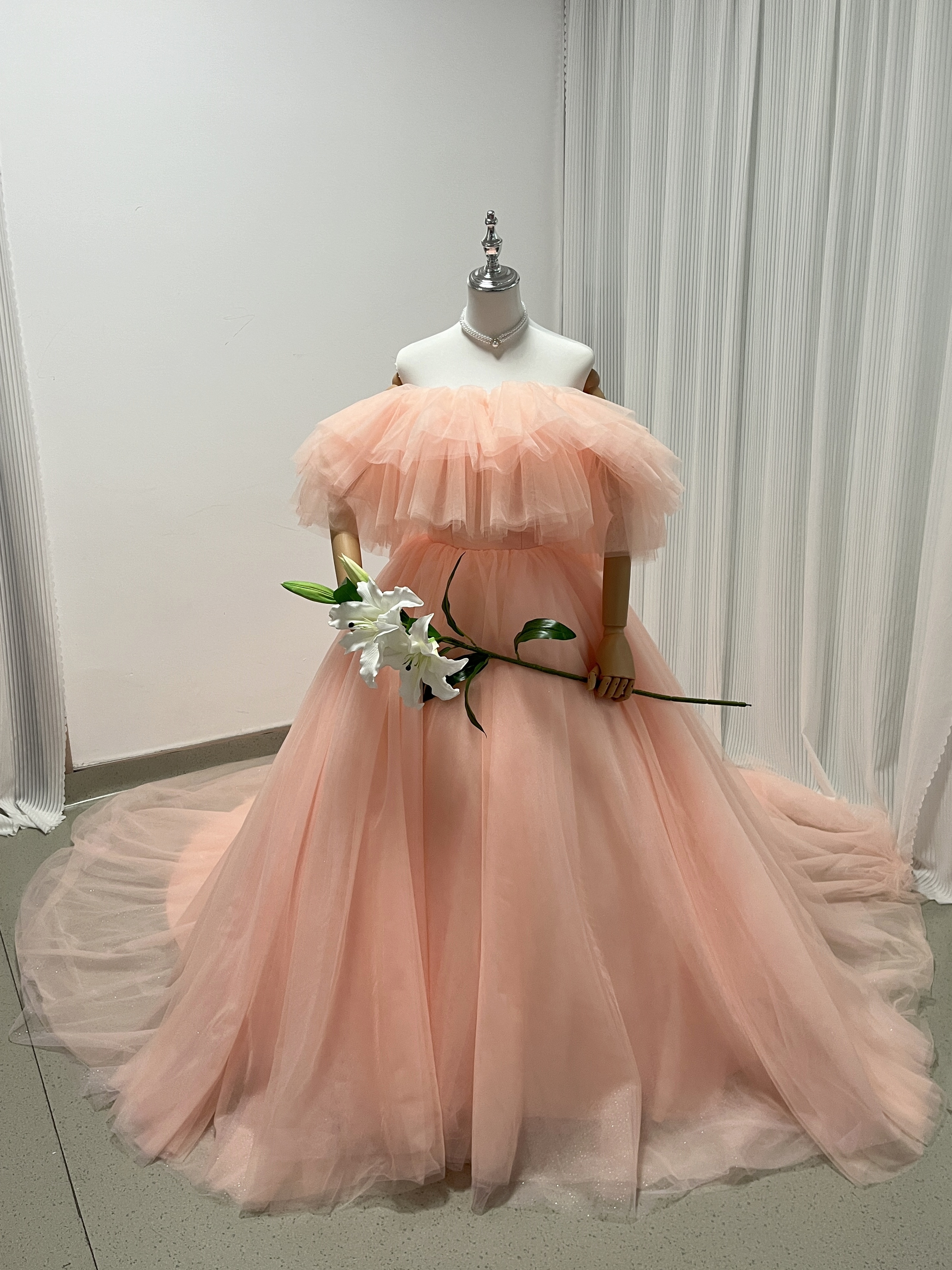 美品！パーティードレス コーラルピンク オフショルダー キラキラチュール ファスナー 披露宴 27,986円