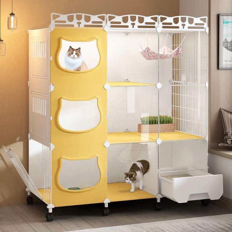 猫 ケージ 4段 トイレ付き キャスター付き 移動便利 キャットケージ 猫用ケージ 収納ラック 脱走防止 多頭飼い 組立簡単 爪とぎポール/ハンモック付き ペットケージ 70*70*139cm