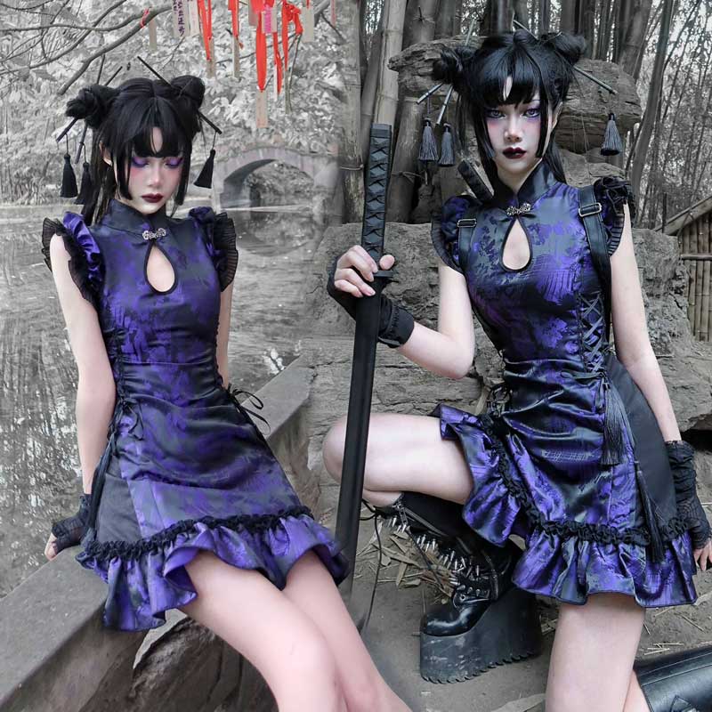 ハロウィン 仮装舞踏会 ゴシック暗黒系 中国風 チャイナドレス 可愛い 男ウケ セクシー 大人 レディースハロウィン コスプレ衣装 パープル S M L