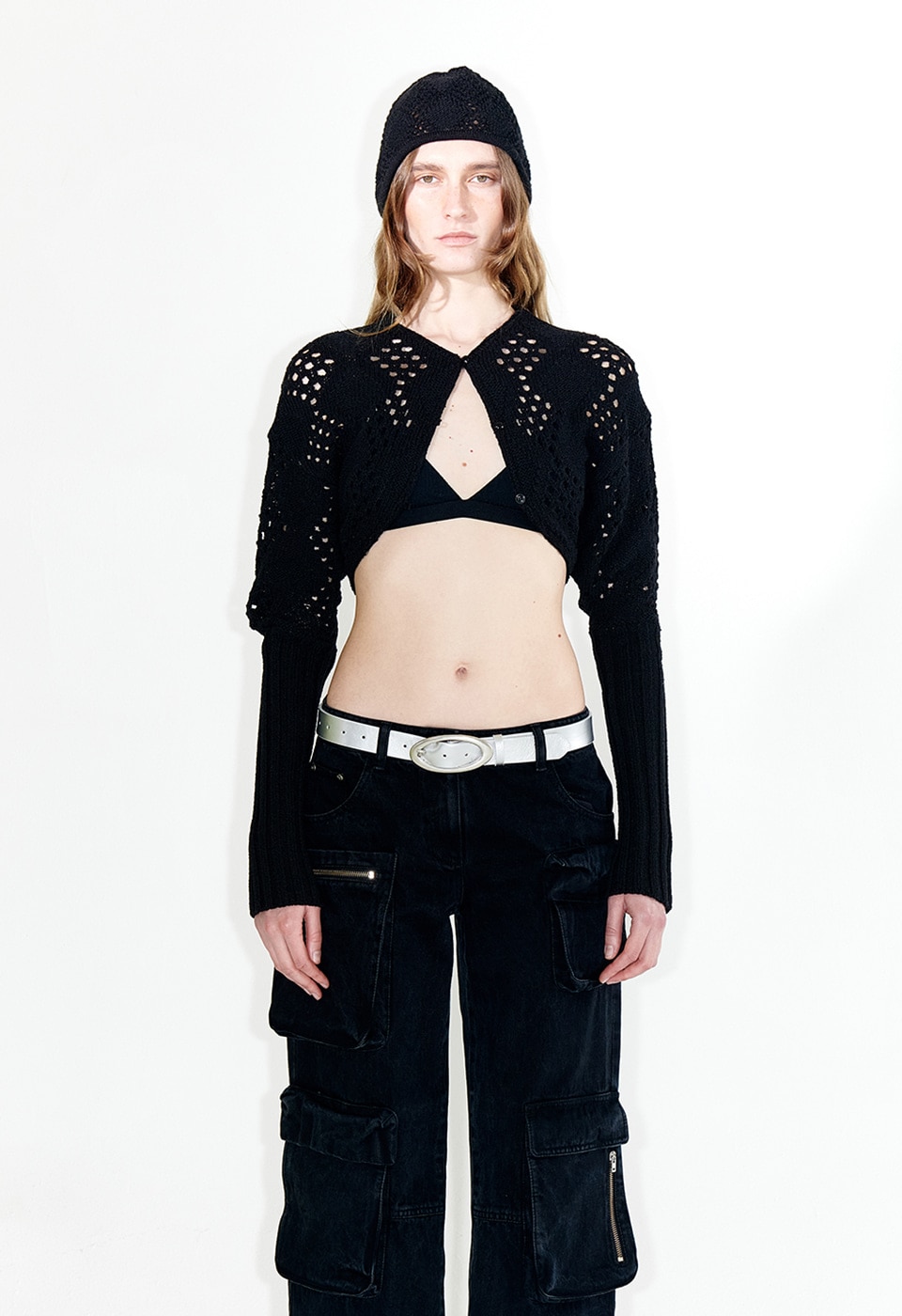 【OPEN Yy】 ARGYLE POINTELLE KNIT BOLERO : BLACK