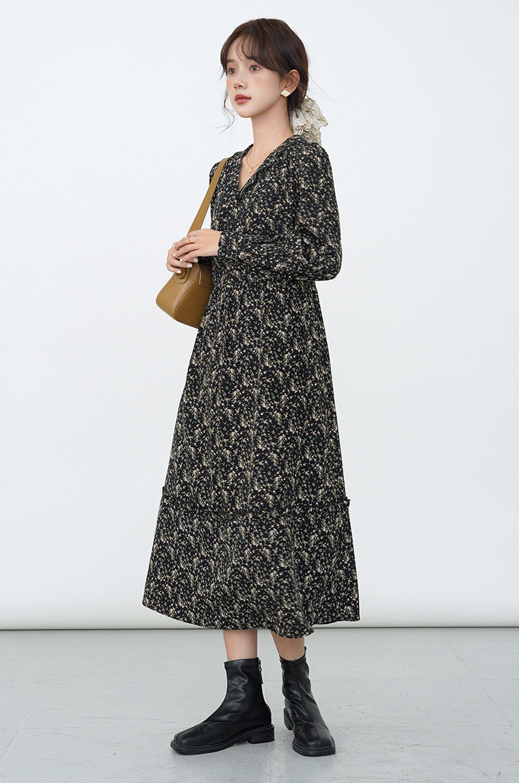 ブラック フローラル ドレス ネックプリント 厚手シフォン フレンチ 長袖ドレス XS S M L XLワンピース 膝下 袖あり 長袖 Vネック かわいい 大人可愛い きれいめ シンプル カジュアル