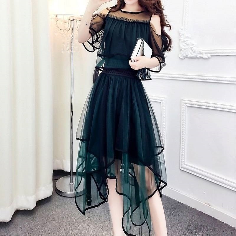 すべての4色のパーティードレスワンピースチュールメッシュ長い非対称の肩はきれいな無地の色のパーティー