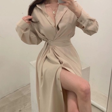 シフォン シャツワンピース セクシー ベルト ワンピース ロング丈 長袖 Vネック 襟付き 角襟 セミフレア スリム 細身 ストレート スマート レース チュール シフォン スリット 前開き 薄手