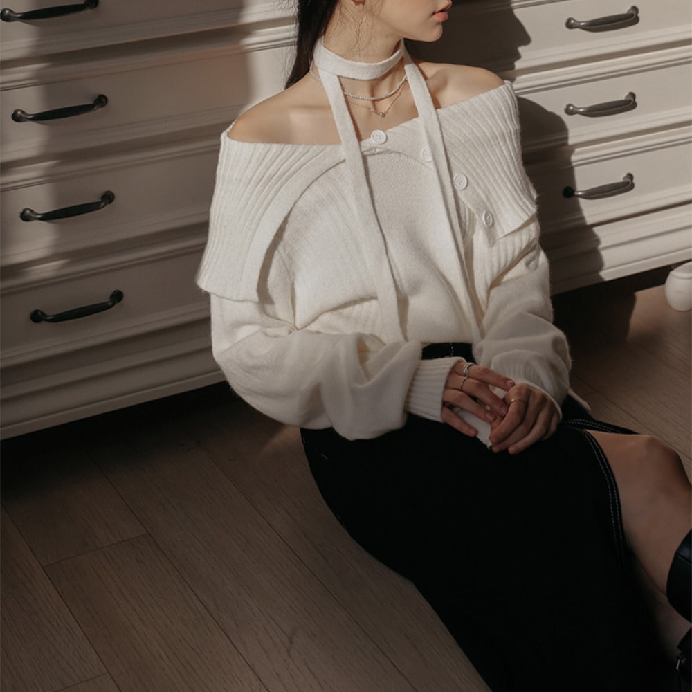 ペリトンタイセットボタンオフショルダーニット