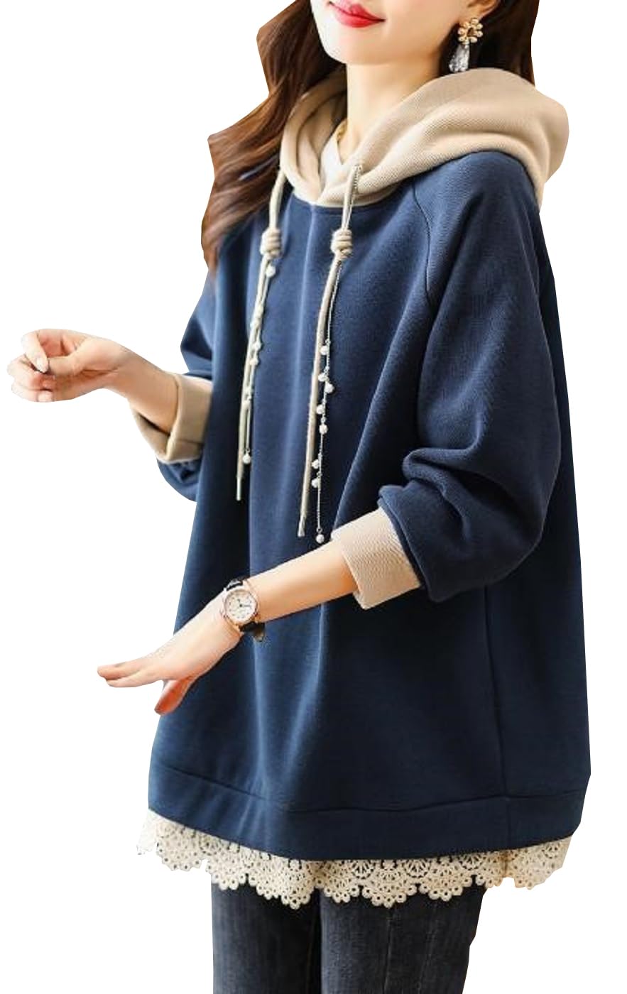 [NEKORA] パーカー プルオーバー フード付き レース トップス フェイクパール レディース 韓国 韓国風 韓国系 韓国服 厚手 ロング ロング丈 長め フード付きパーカー フード付パーカー フ