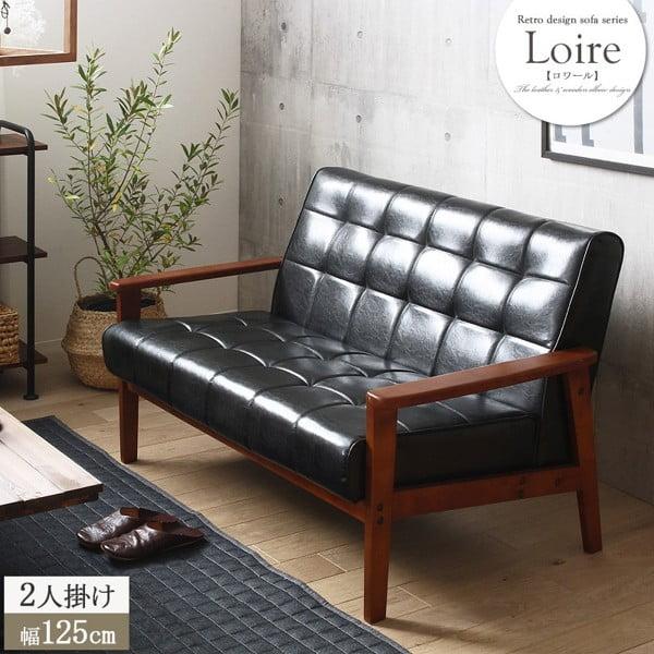 ソファ ソファー 2人掛け ふたりがけ 西海岸 木肘付き おしゃれ かっこいい レトロ ヴィンテージ 合皮レザー 天然木 2人用 黒 男前 一人暮らし 当日出荷 ID011