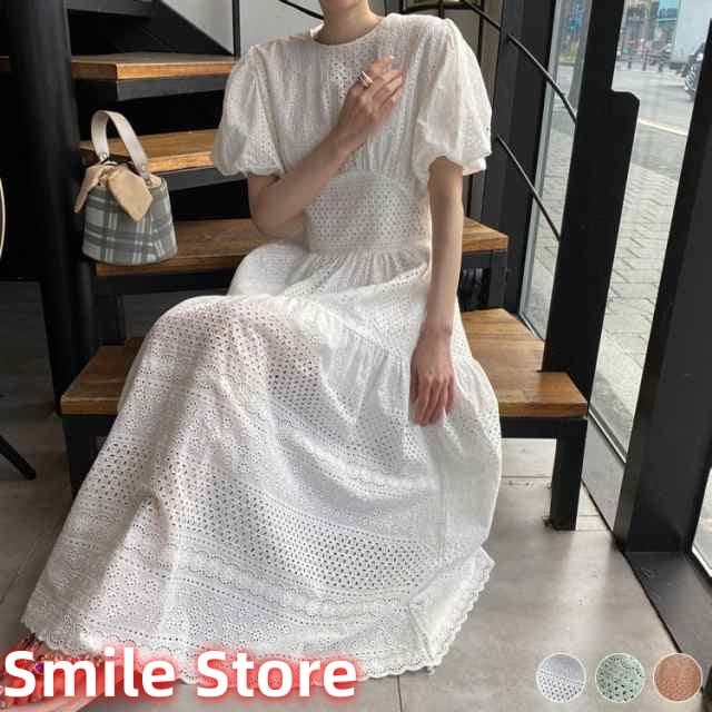 ベージュ ワンピース シースルー ロングワンピース 白 韓国ファッション レース レディース ランタンスリーブ グリーン メール便